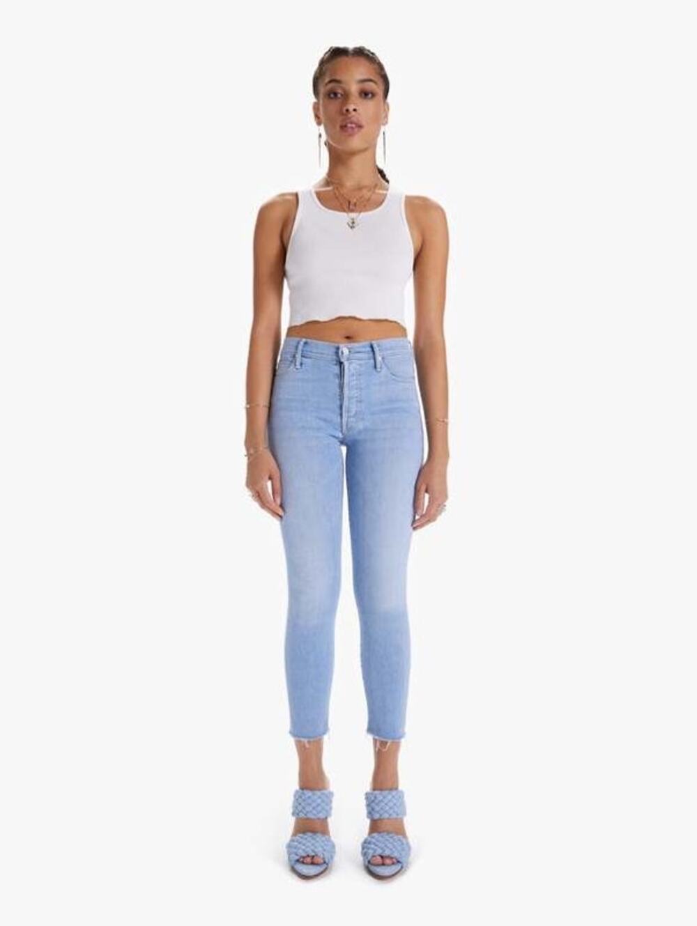 Mother The Stunner Ankle Fray Crafty Side Light Blue High Rise Skinny Jeans 29